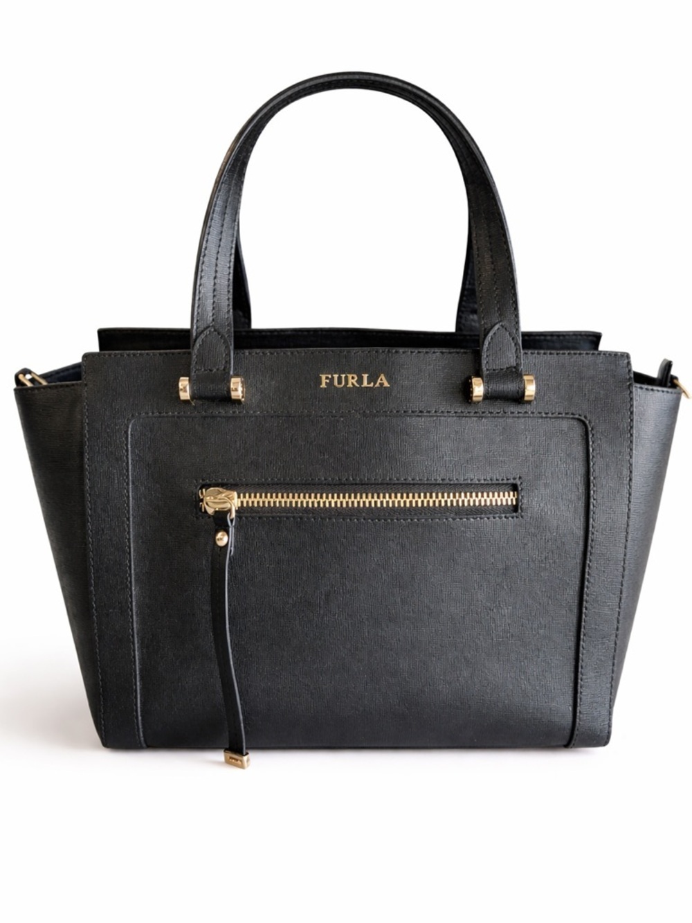 Furla Ginevra Leather Satchel in Onyx with Gold Hardware